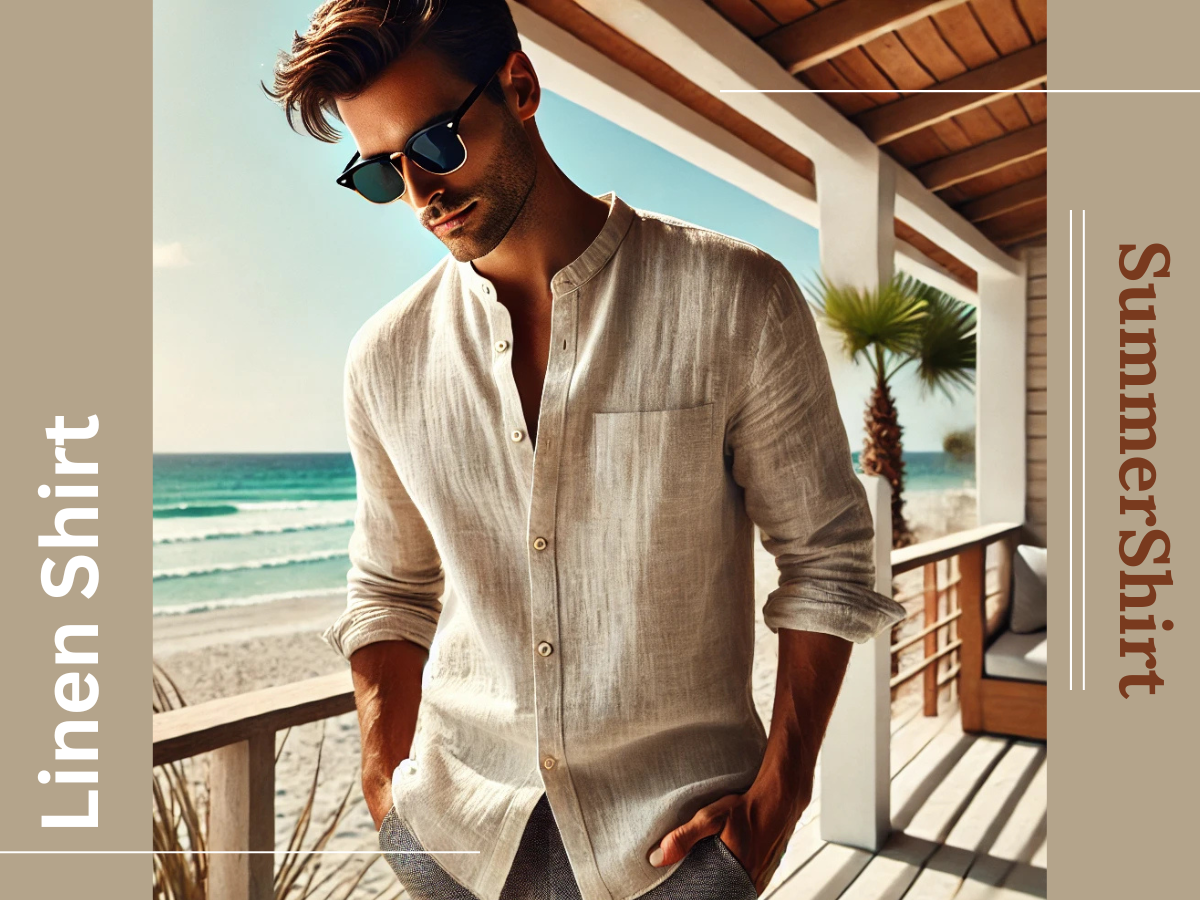 Man wearing a breathable summer linen shirt with sunglasses, enjoying a beachside breeze, showcasing a stylish and comfortable summer look